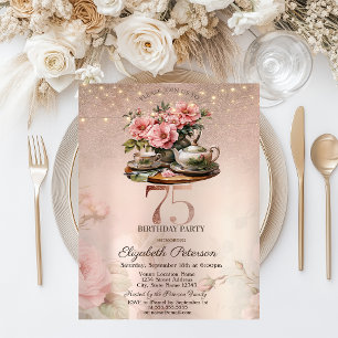 Invitación Flores de Taza de Té Brillo Rosa Dorado Cumpleaños