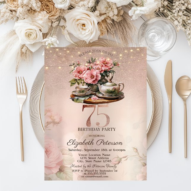 Invitación Flores de Taza de Té Brillo Rosa Dorado Cumpleaños (Subido por el creador)
