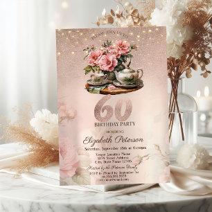 Invitación Flores de Taza de Té Brillo Rosa Dorado Cumpleaños