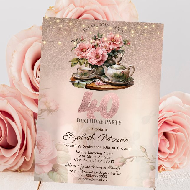 Invitación Flores de Taza de Té Brillo Rosa Dorado Cumpleaños (Subido por el creador)