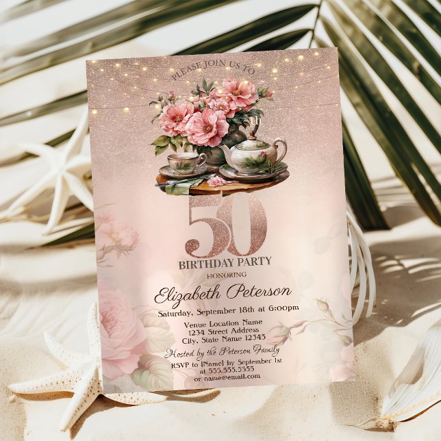 Invitación Flores de Taza de Té Brillo Rosa Dorado Cumpleaños (Subido por el creador)