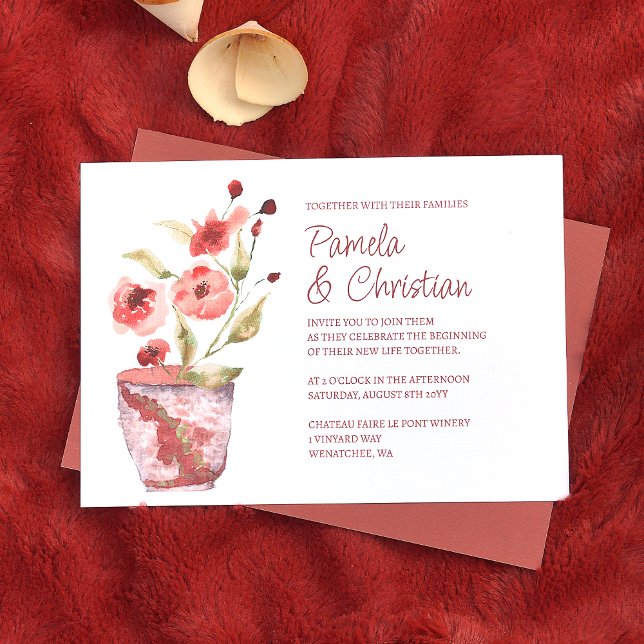 Invitación Flores de terracota, Boda de maceta de arcilla bot (terracotta rust clay pot wedding invitations, floral copper pink flowers and green leaves)