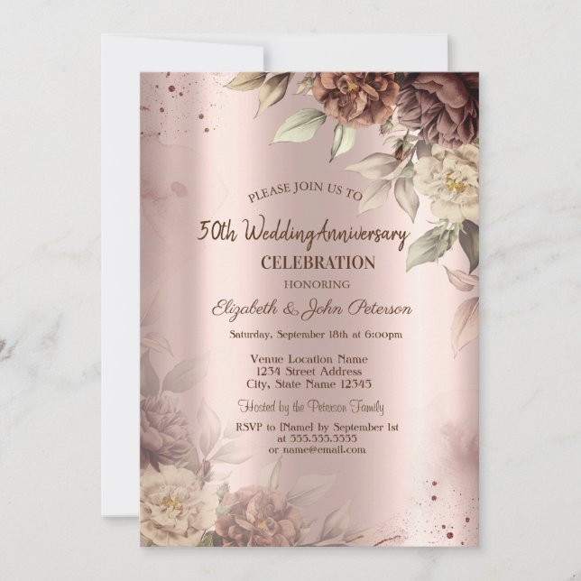 Invitación Flores de Terracota Rosa Dorado Boda Aniversario (Anverso)