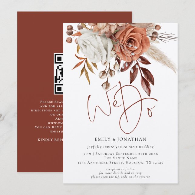 Invitación Flores de Terracota Rústica Hacemos Código QR Boda (Anverso / Reverso)