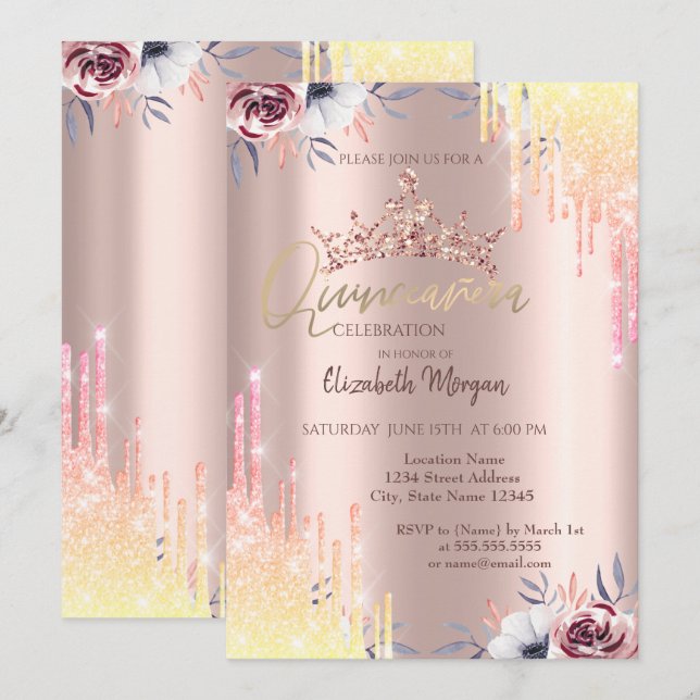 Invitación Flores de Tiara de Oro Rosa Quinceañera (Anverso / Reverso)