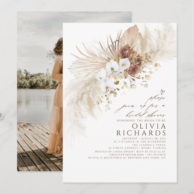 Invitación Flores de tierra y blanco Boho Bridal Shower Photo (Anverso / Reverso)