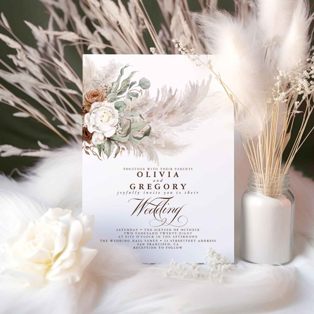 Invitación Flores de tierra y Boda bohemio de pampas (Boho Greenery Wedding Invitations)