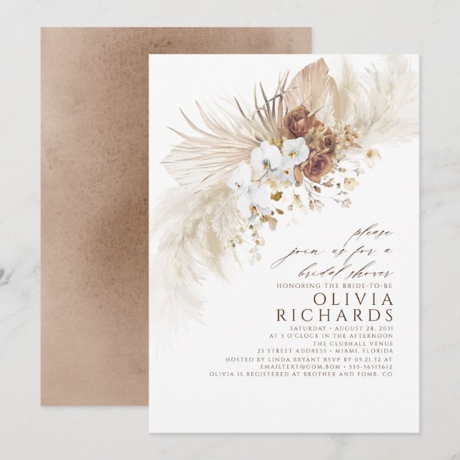 Invitación Flores de tierra y de blanco Boho Bridal Shower (Anverso / Reverso)