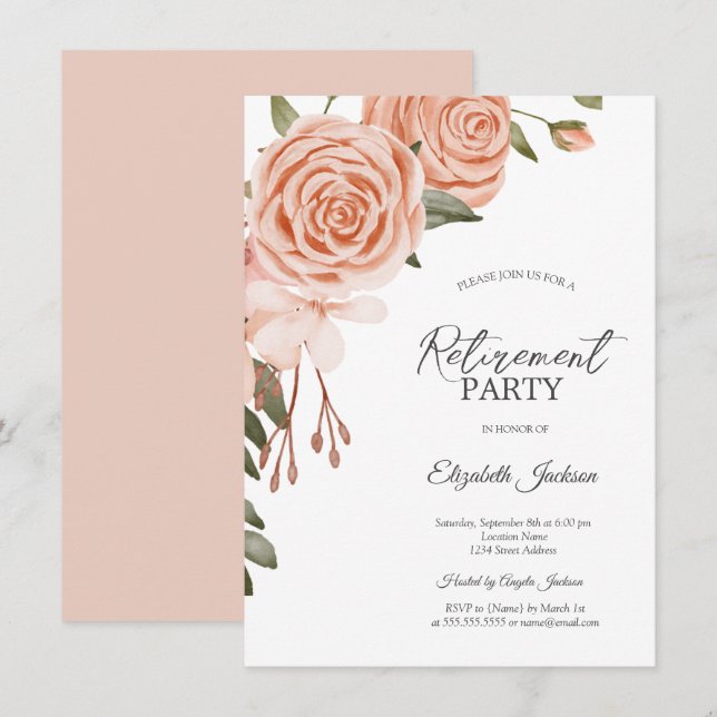 Invitación Flores de Tinte Acuarela de Rosa Melocotón para De (Anverso / Reverso)