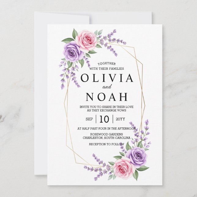 Invitación Flores de Tonos de Púrpura Polvorienta Geométrica  (Anverso)