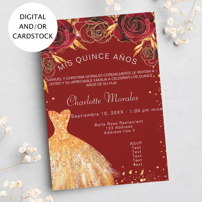 Invitación Flores de traje de oro rojo Quinceanera (Subido por el creador)