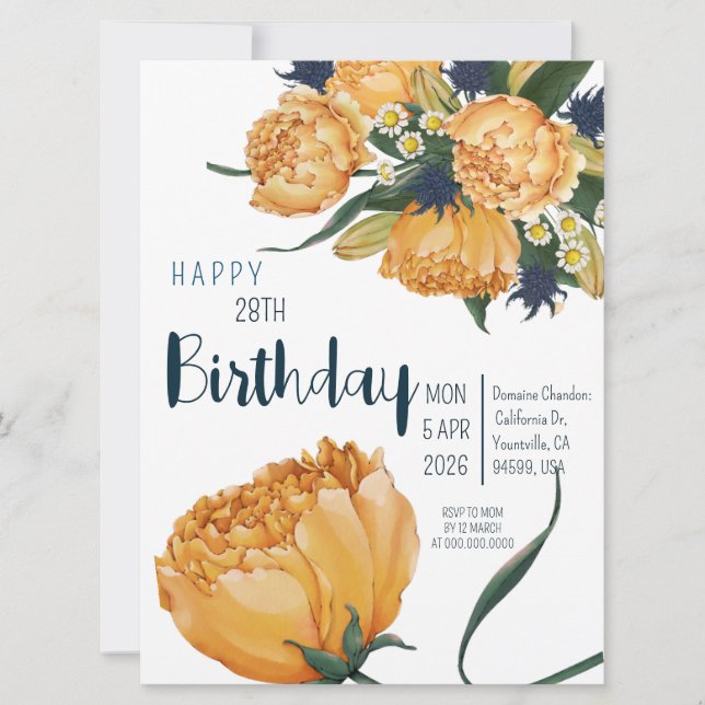 Invitación Flores De Tulipanes De Acuarela Única Por Cumpleañ (Anverso)