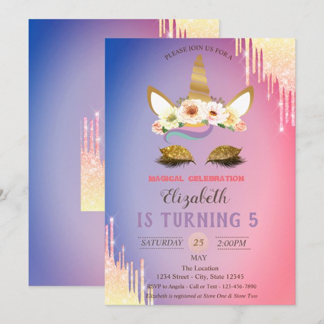 Invitación Flores de Unicornio con Brillo Dorado, Goteo Ombre (Anverso / Reverso)