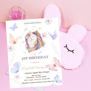 Invitación Flores de Unicornio Lunares de Mariposa Cumpleaños