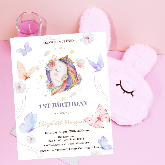Invitación Flores de Unicornio Lunares de Mariposa Cumpleaños (Subido por el creador)