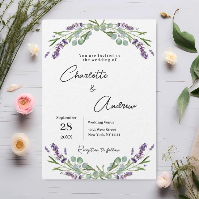 Invitación Flores de vegetación de lavanda guión boda de lujo (Subido por el creador)