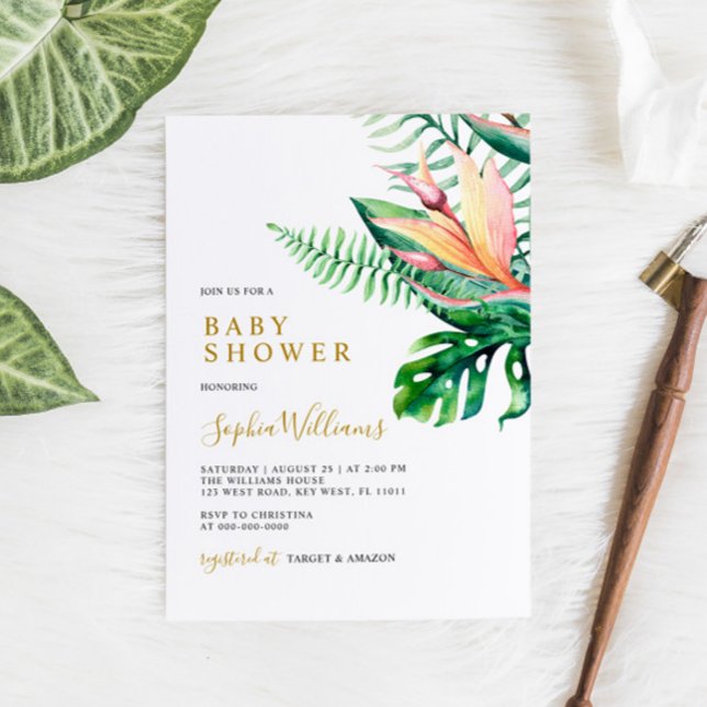Invitación Flores de vegetación tropical Baby Shower moderno (Subido por el creador)