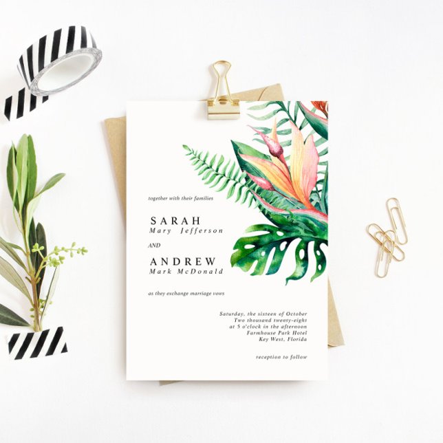 Invitación Flores de vegetación tropical Boda mínimo moderno (Subido por el creador)