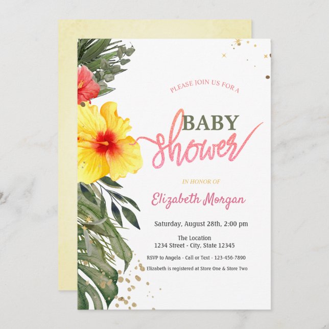 Invitación Flores de verano acuáticas Hibiscus Baby Shower (Anverso / Reverso)