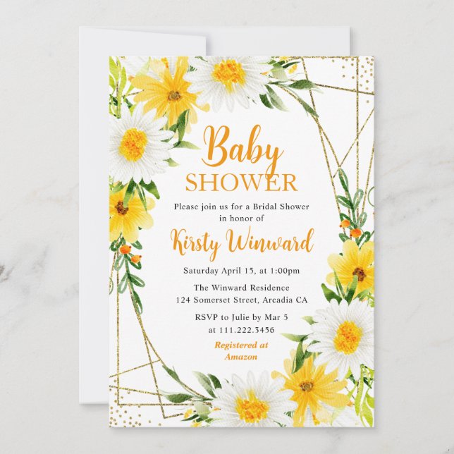 Invitación Flores de verano amarillas y Baby Shower de marco  (Anverso)