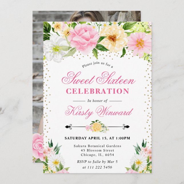 Invitación Flores de verano amarillas y rosas foto dulce 16 (Anverso / Reverso)