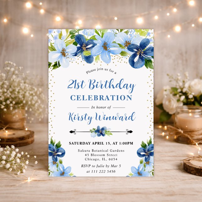 Invitación Flores de verano azul acuarela cumpleaños 21 (Subido por el creador)