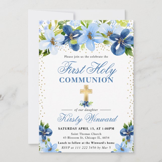 Invitación Flores de verano azules primera comunión sagrada (Anverso)