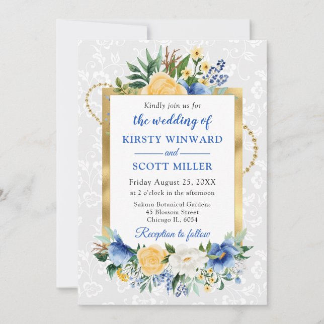 Invitación Flores de verano azules y amarillas Boda con hoja  (Anverso)