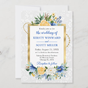 Invitación Flores de verano azules y amarillas Boda con hoja 