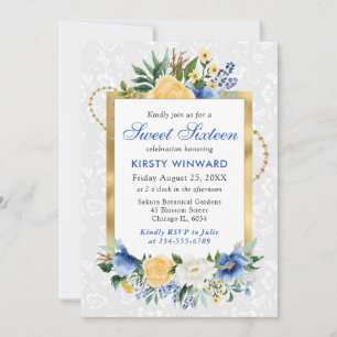 Invitación Flores de verano azules y amarillas Sweet 16 con h