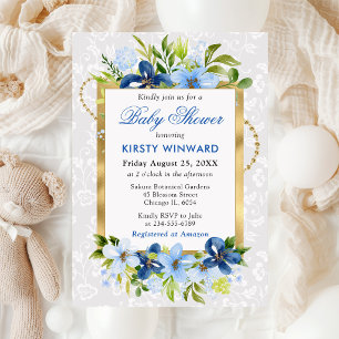 Invitación Flores de verano azules y marinas Baño de bebé dor