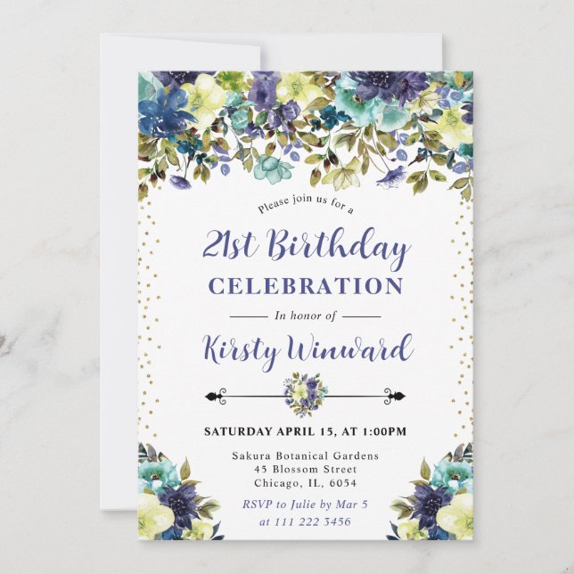 Invitación Flores de verano azules y marinas Cumpleaños 21 (Anverso)