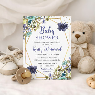 Invitación Flores de Verano Azules y Marineras en Marco Baby