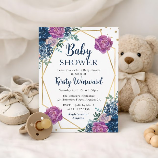 Invitación Flores de Verano Azules y Moradas Marco Baby Showe (Subido por el creador)