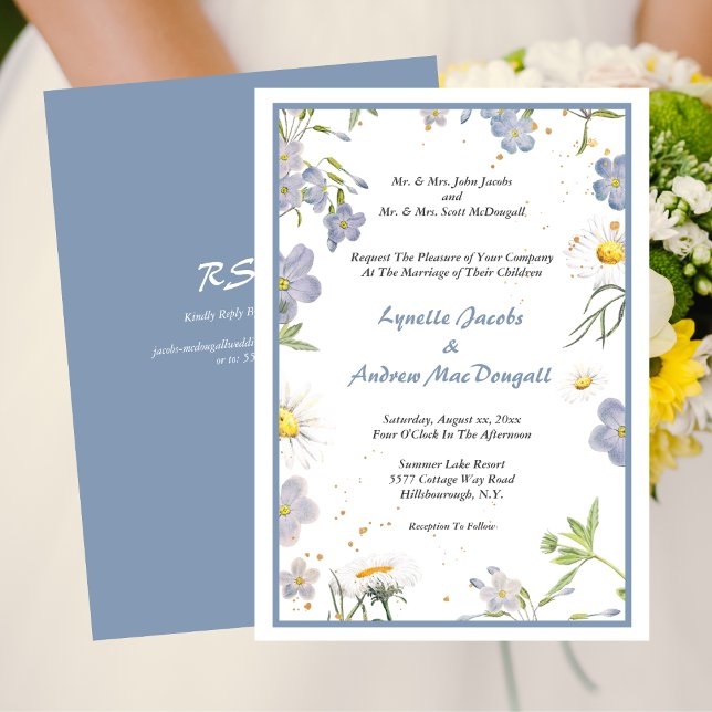 Invitación Flores de Verano Boda Azul con RSVP (Summer Flowers Blue Wedding with RSVP Invitation)