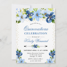 Invitación Flores de verano de acuarela azul Quinceañera