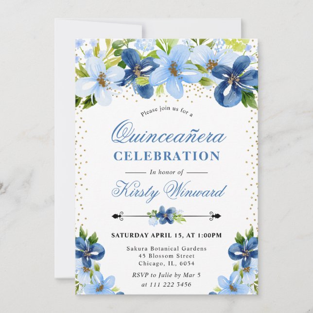 Invitación Flores de verano de acuarela azul Quinceañera (Anverso)