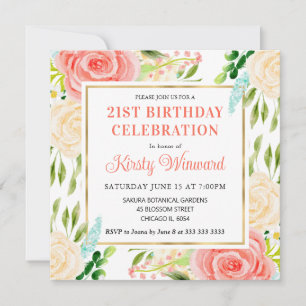 Invitación Flores de verano de acuarela rosa y menta Cumpleañ