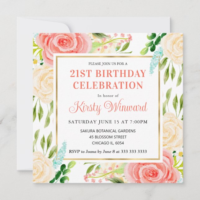 Invitación Flores de verano de acuarela rosa y menta Cumpleañ (Anverso)
