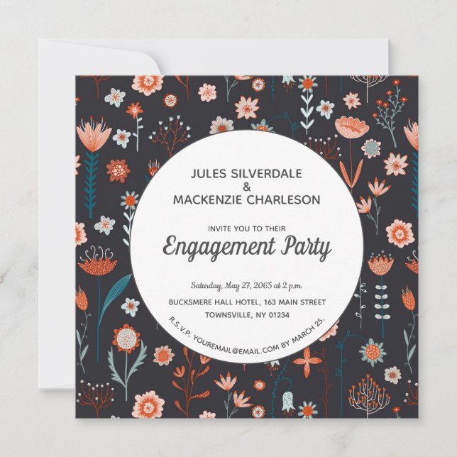 Invitación Flores de verano escandinavas oscuro compromiso co (Anverso)