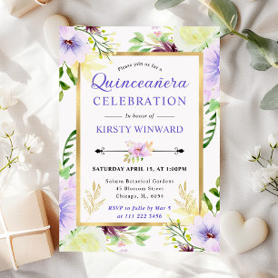 Invitación Flores de verano moradas en acuarela Quinceañera