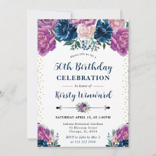 Invitación Flores de Verano Moradas y Azules Cumpleaños 50