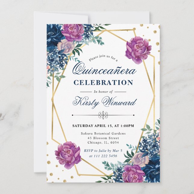Invitación Flores de Verano Moradas y Azules Quinceañera (Anverso)