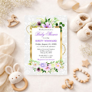 Invitación Flores de Verano Moradas y Crema Baño de Bebé Dora