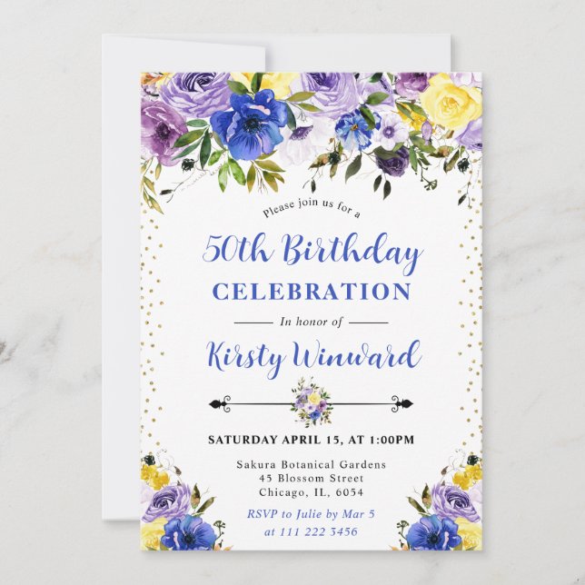 Invitación Flores de Verano Moradas y Crema Cumpleaños 50 (Anverso)