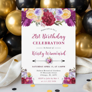 Invitación Flores de Verano Moradas y Rojas Cumpleaños 21