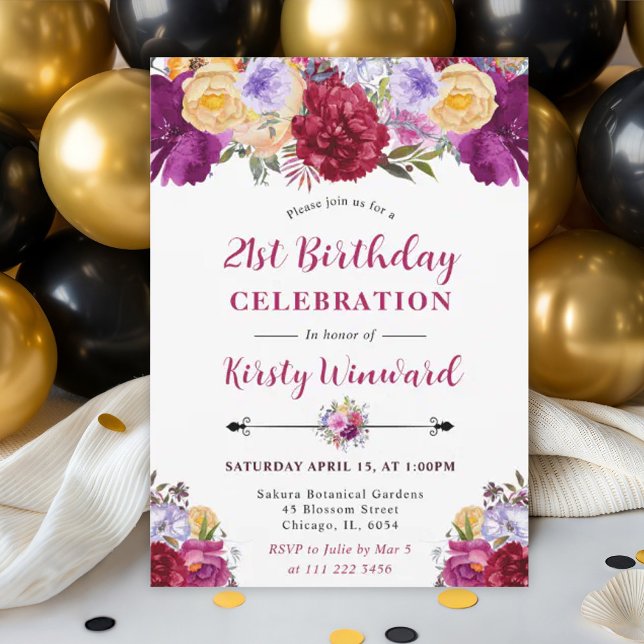 Invitación Flores de Verano Moradas y Rojas Cumpleaños 21 (Subido por el creador)