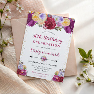 Invitación Flores de Verano Moradas y Rojas Cumpleaños 50