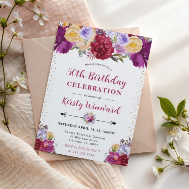 Invitación Flores de Verano Moradas y Rojas Cumpleaños 50 (Subido por el creador)