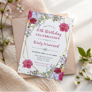 Invitación Flores de Verano Moradas y Rojas Cumpleaños 50